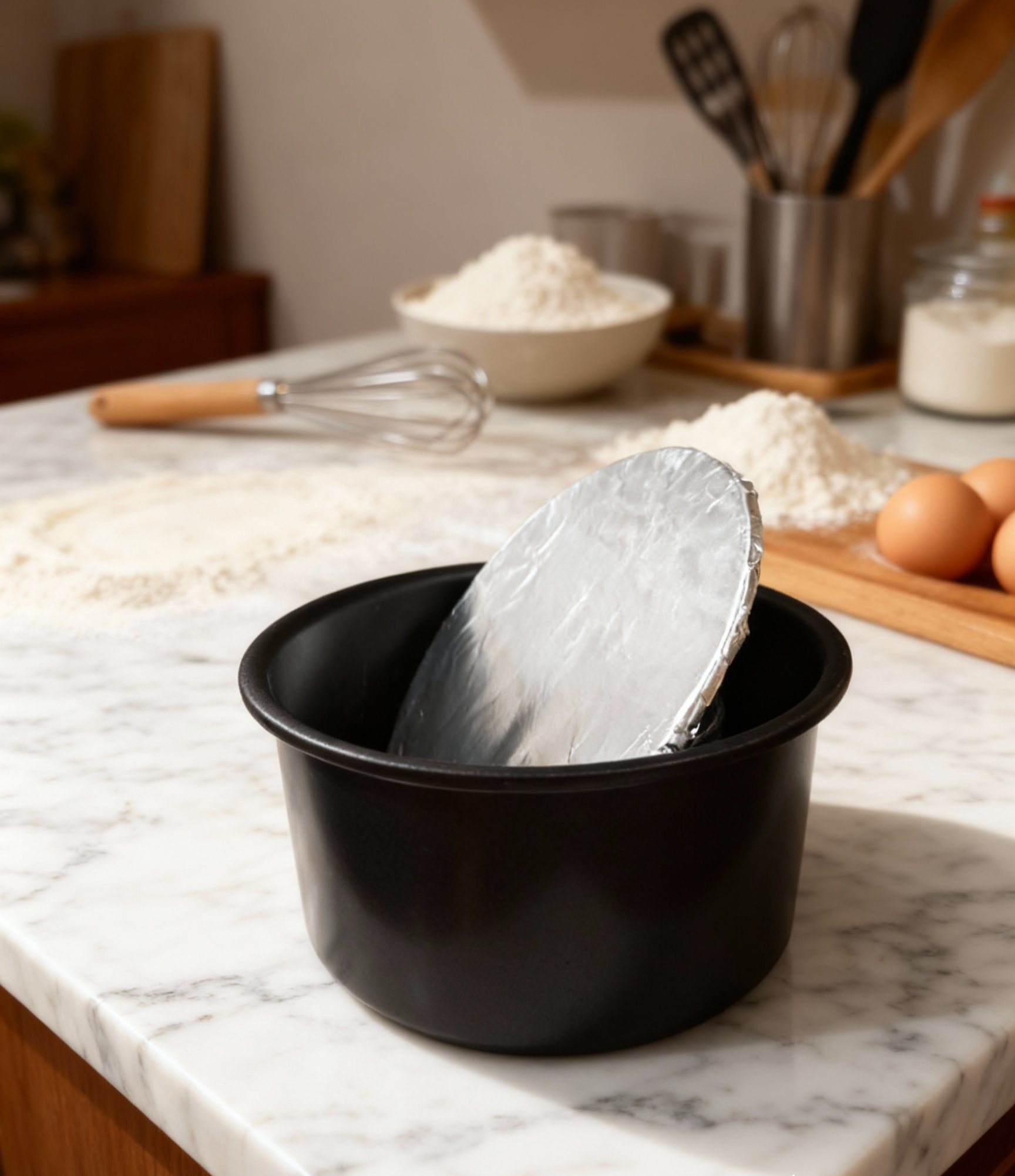 Cake pan bottom wrapped with aluminum foil